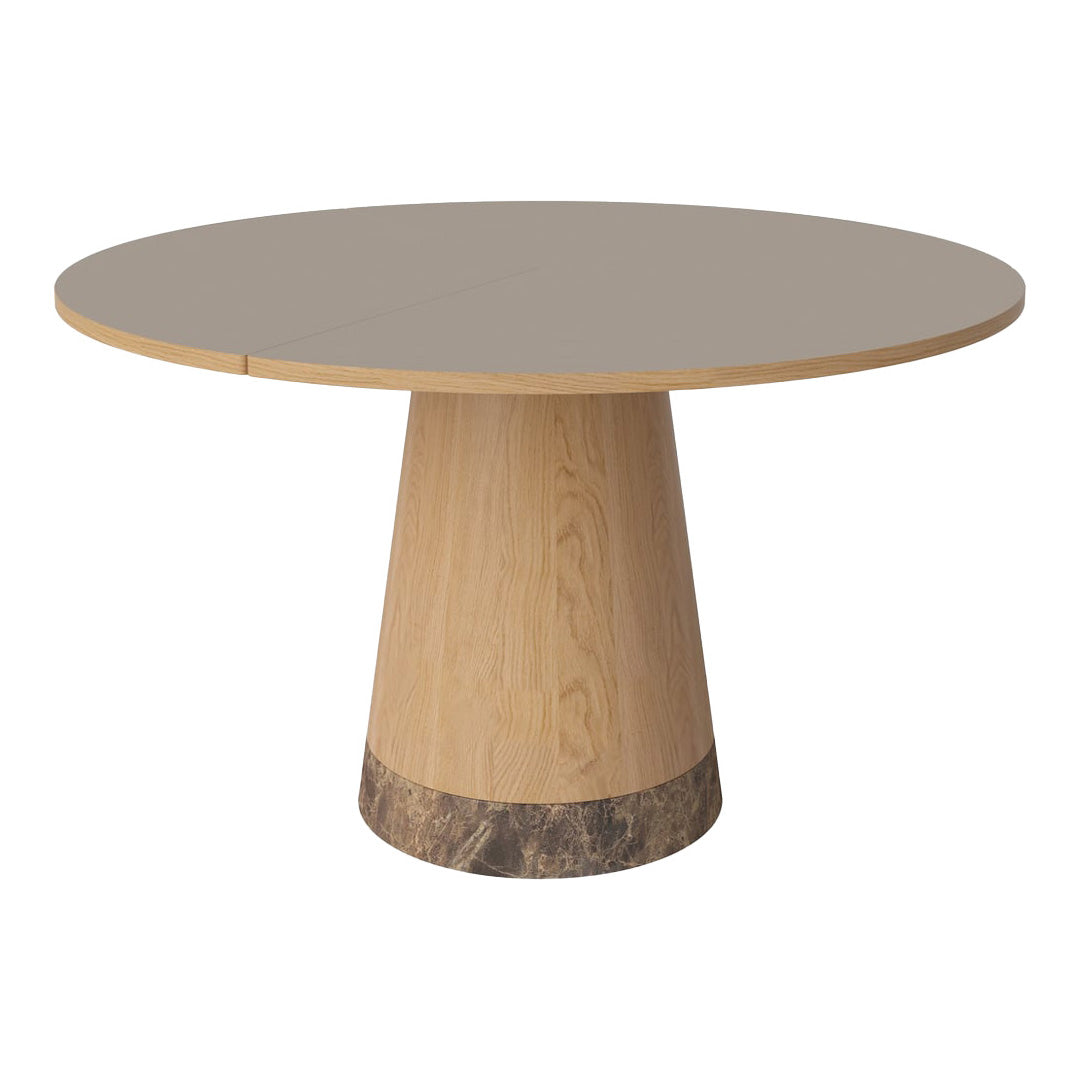 Round wooden table with a light wood base and a soft gray top, featuring a textured stone finish at the bottom.