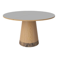 Round table with a smooth gray top and a natural wood base featuring a dark stone accent at the bottom.
