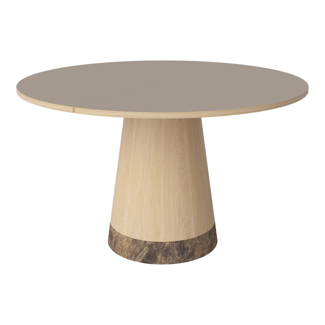 Round table with a smooth beige top and natural wood base featuring a sleek, stone-patterned accent.