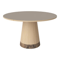Round table with a smooth beige top and natural wood base featuring a sleek, stone-patterned accent.