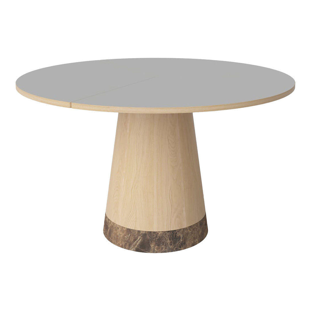 Round table with a smooth gray top and a light wood tapered base featuring a darker wood accent at the bottom.