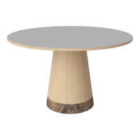 Round table with a smooth gray top and a light wood tapered base featuring a darker wood accent at the bottom.