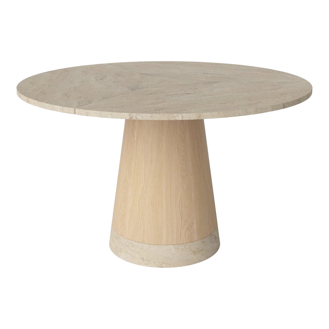 Round dining table in light wood with a smooth, natural finish and a tapered base, highlighting subtle grain patterns.