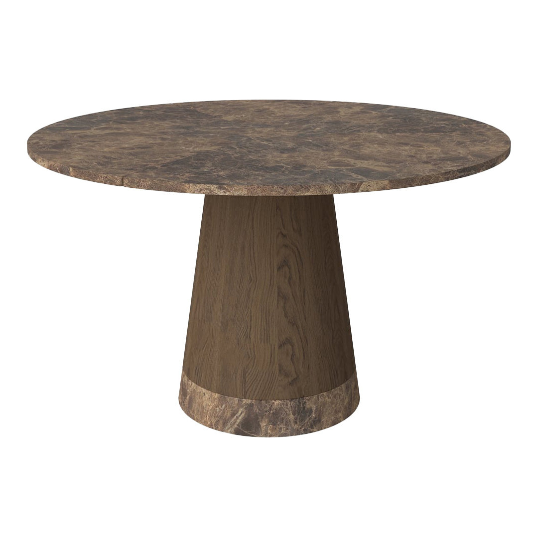 Round table with a textured brown patterned top and a tapered base in a complementary shade, adding a modern touch.