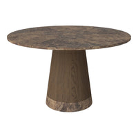 Round table with a textured brown patterned top and a tapered base in a complementary shade, adding a modern touch.