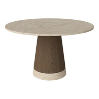 Round table with a creamy marble top and a contrasting dark wood base, featuring smooth, modern finishes.