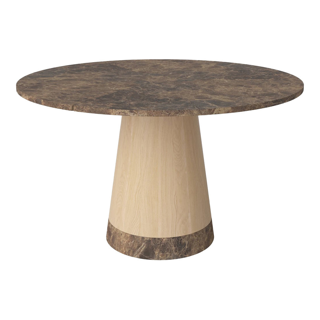 Round table with a dark marble top and a light wood base featuring a subtle conical design. Elegant color contrast.