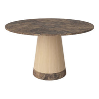 Round table with a dark marble top and a light wood base featuring a subtle conical design. Elegant color contrast.
