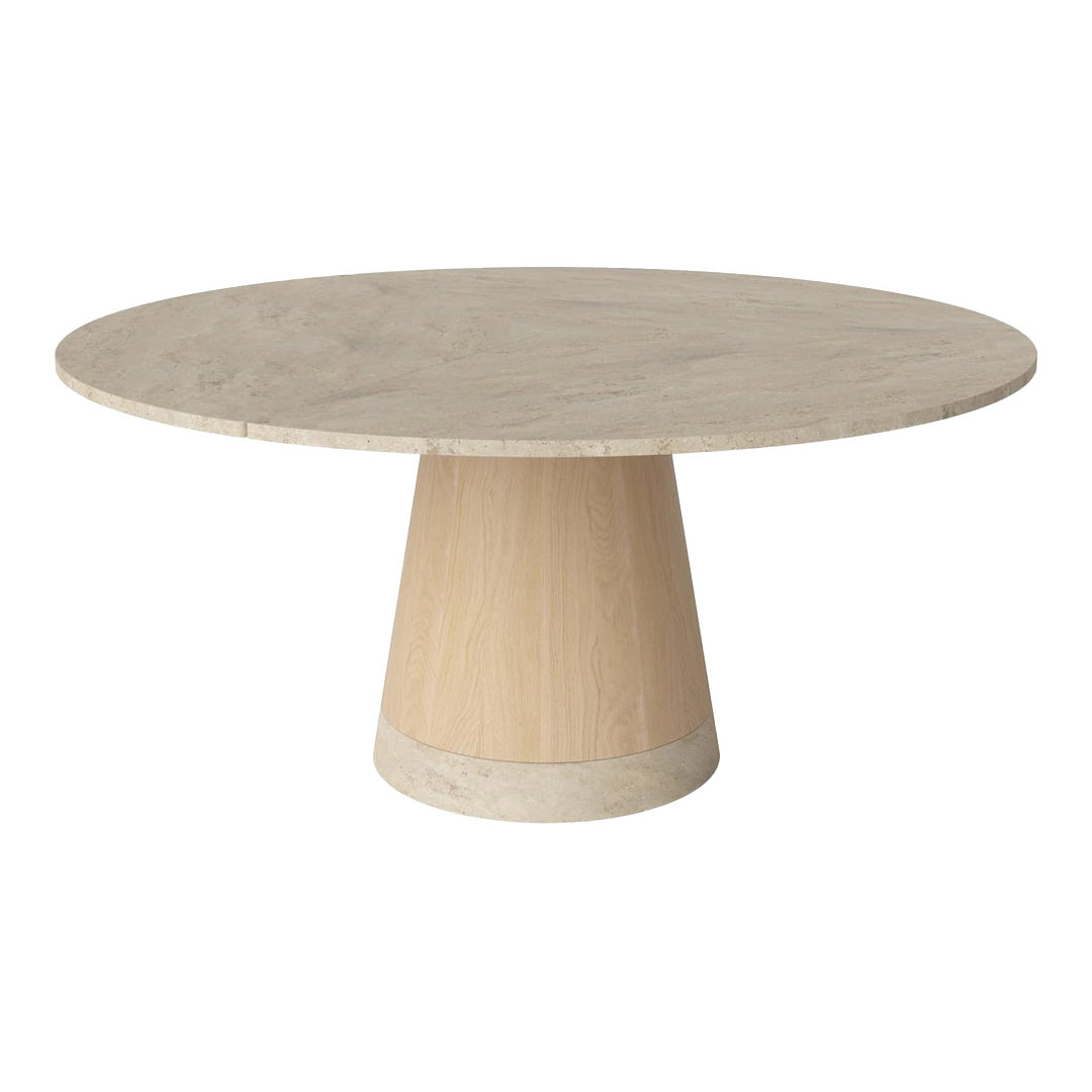Round marble tabletop with light wood pedestal, featuring a smooth surface and elegant minimalist design.