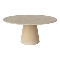 Round marble tabletop with light wood pedestal, featuring a smooth surface and elegant minimalist design.
