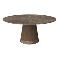 Round brown marble dining table with a textured dark wood base, featuring a natural stone pattern. Ideal for modern interiors.