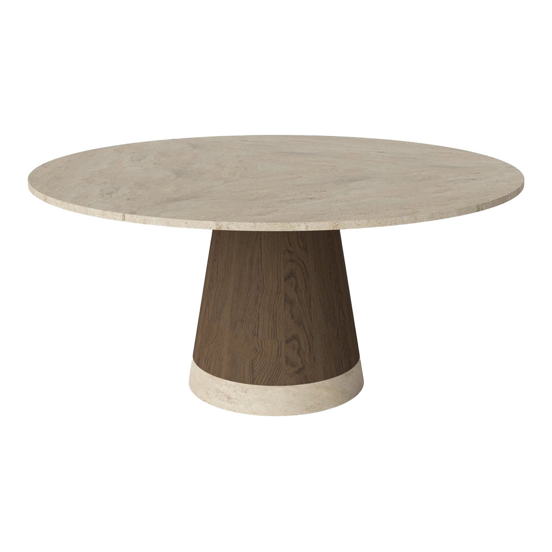 Round marble dining table with a beige top and dark wood base, featuring a sleek, modern design.