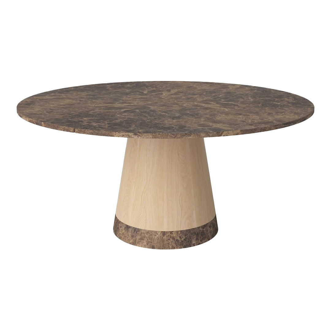Round table with a dark brown patterned top and a light, cream-colored wooden base. Modern and stylish design.