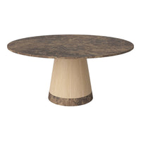 Round table with a dark brown patterned top and a light, cream-colored wooden base. Modern and stylish design.