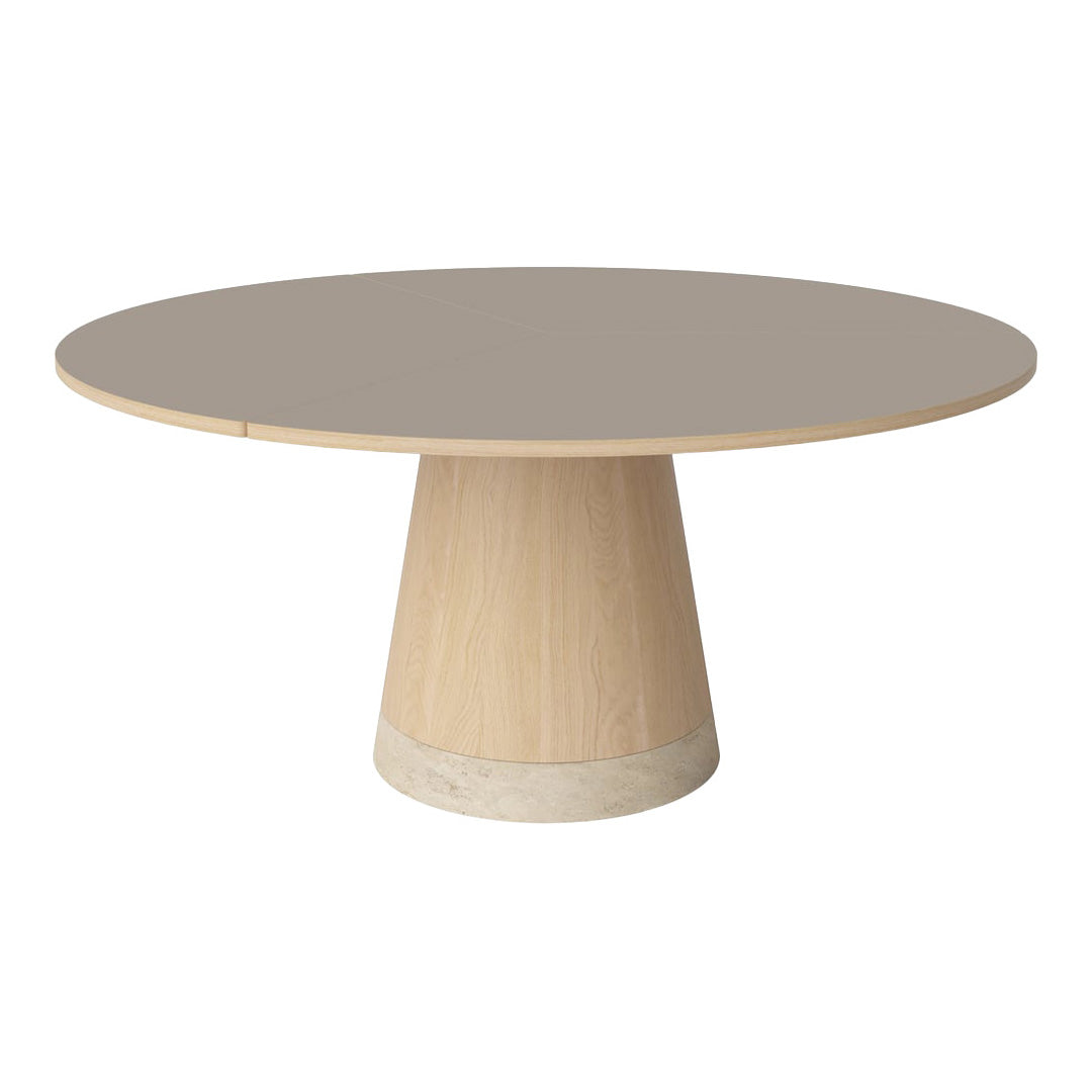 Round beige table with a natural wood base and smooth gray tabletop, featuring a minimalist modern design.