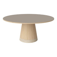 Round beige table with a natural wood base and smooth gray tabletop, featuring a minimalist modern design.