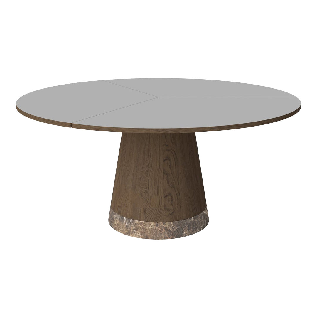 Round dining table featuring a gray top and a brown cone base with a marble accent. Modern and stylish design.