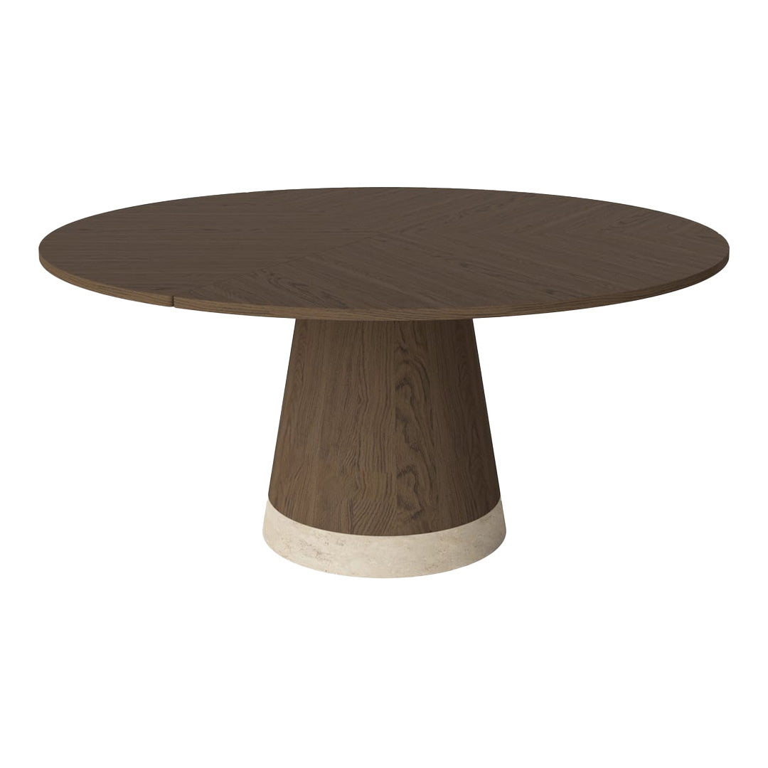 Brown round dining table with a dark wood top and a contrasting light stone base. Elegant modern design.