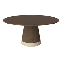 Brown round dining table with a dark wood top and a contrasting light stone base. Elegant modern design.