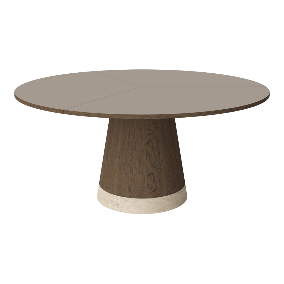 Round dining table in earthy brown tones with a smooth top and contrasting light pedestal base. Modern and sleek design.