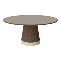 Round dining table in earthy brown tones with a smooth top and contrasting light pedestal base. Modern and sleek design.