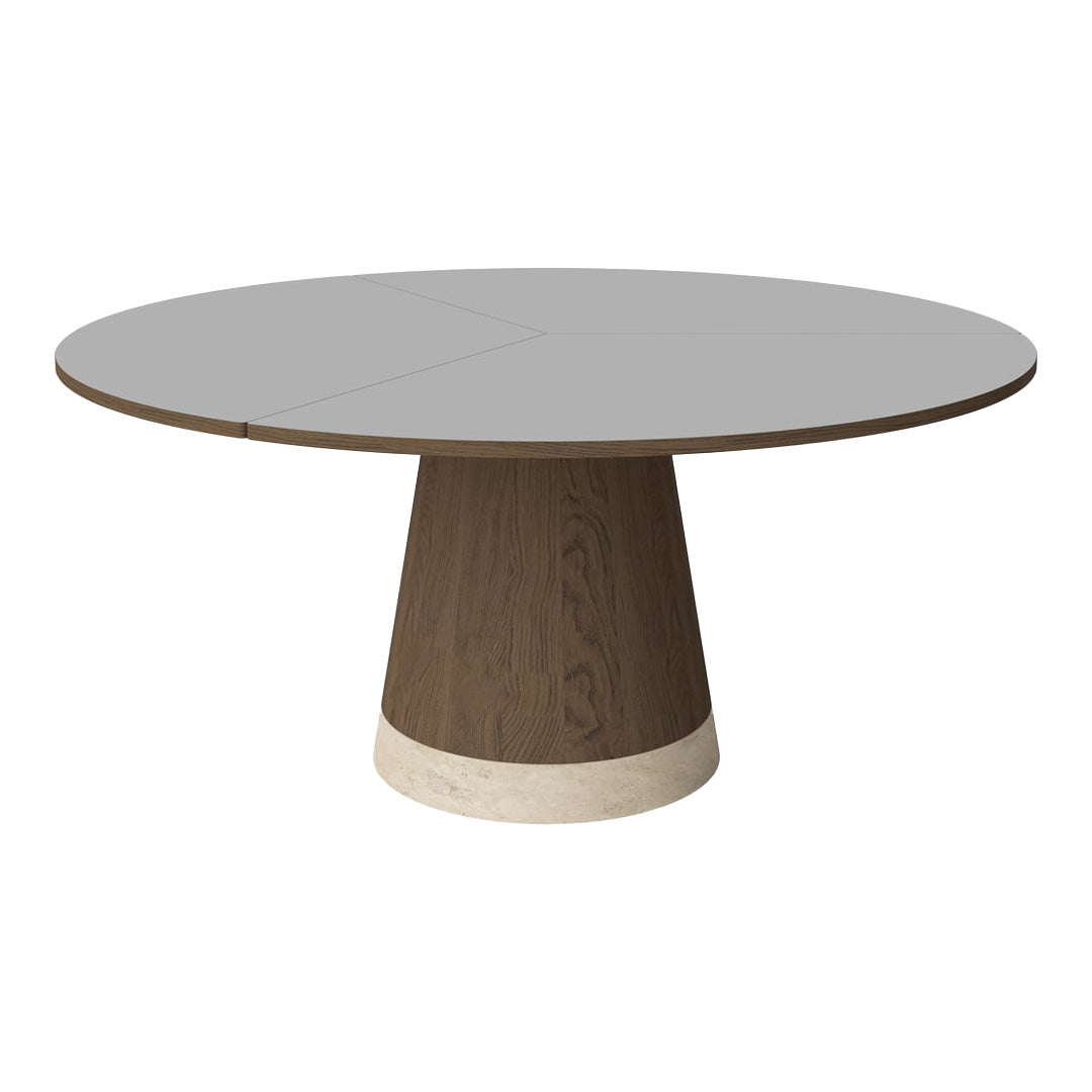 Gray round tabletop with a dark wood base and a light stone accent, featuring a smooth and modern design.