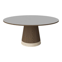 Gray round tabletop with a dark wood base and a light stone accent, featuring a smooth and modern design.