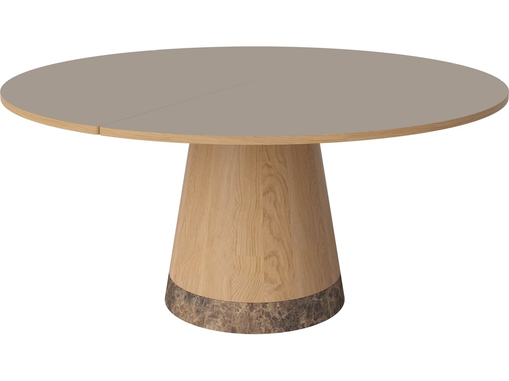 Round table with a smooth gray surface and a light wood base featuring a darker textured bottom.
