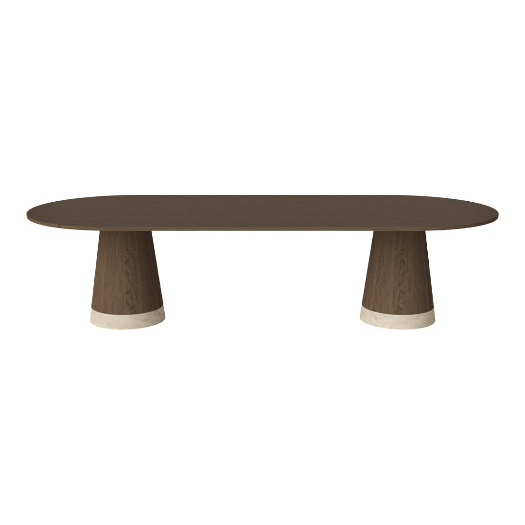 Brown oval table with textured cone-shaped legs and smooth cream base accents. Elegant and modern design.