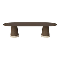 Brown oval table with textured cone-shaped legs and smooth cream base accents. Elegant and modern design.