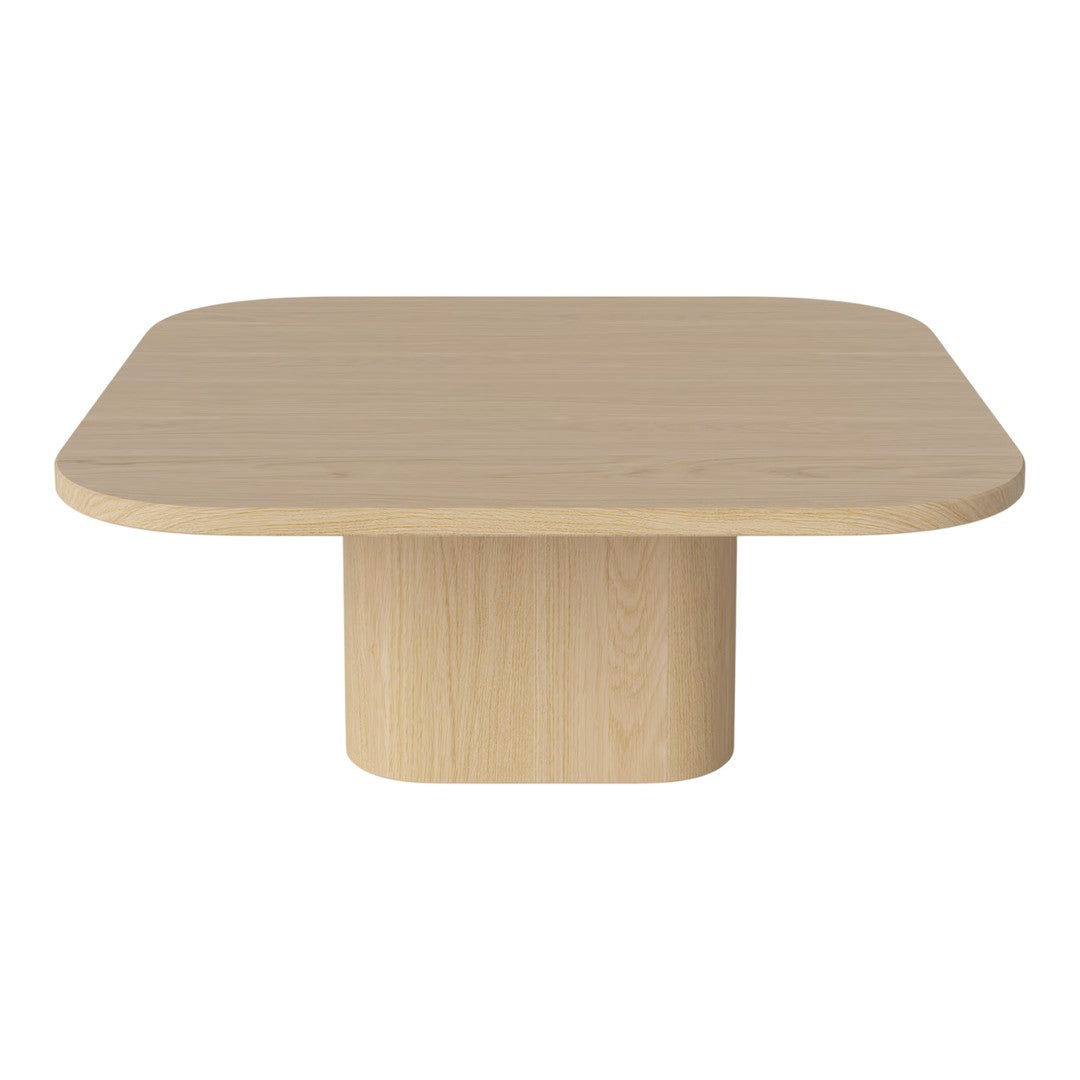 Light wood square coffee table with rounded edges and a smooth finish, featuring a minimalist design and neutral color palette.