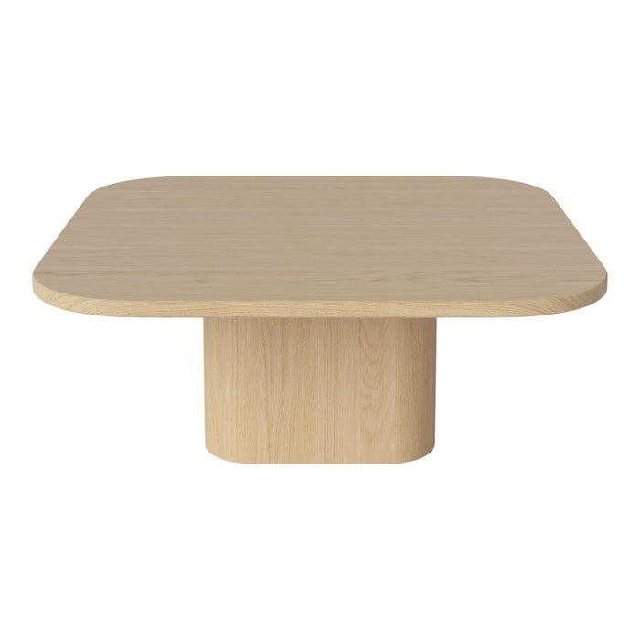 Light wood square coffee table with rounded edges and a smooth finish, featuring a minimalist design and neutral color palette.