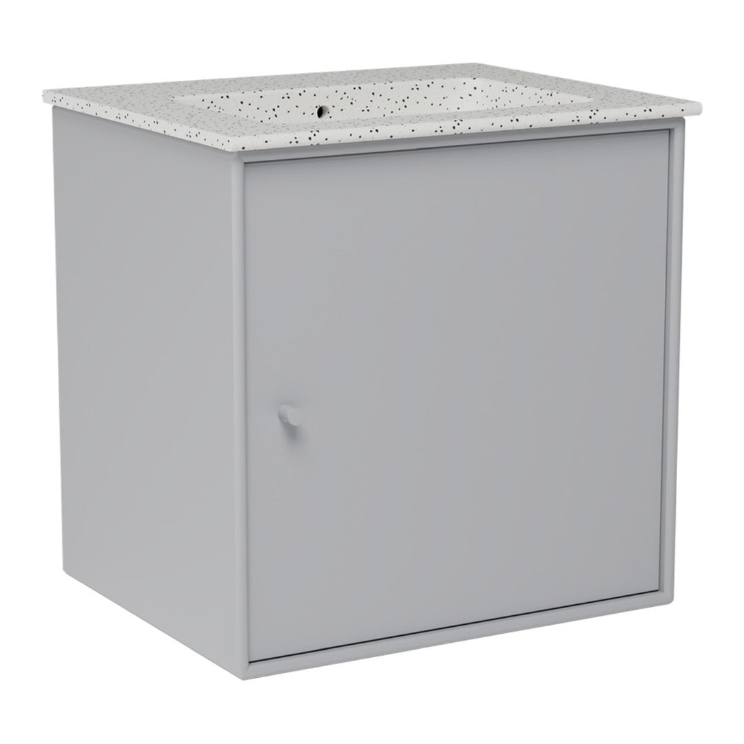 Gray storage cabinet with a speckled white top, featuring a simple design and a clean, modern finish.