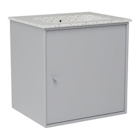 Gray storage cabinet with a speckled white top, featuring a simple design and a clean, modern finish.