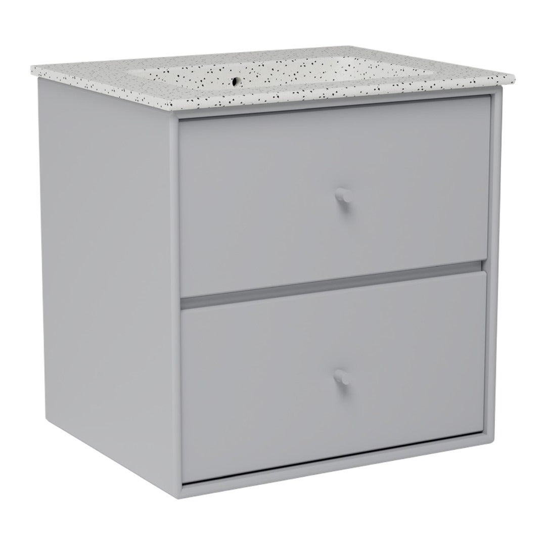Gray cabinet with a speckled white countertop, featuring two smooth drawers.