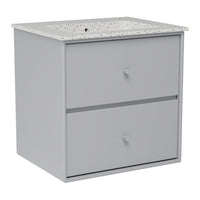 Gray cabinet with a speckled white countertop, featuring two smooth drawers.