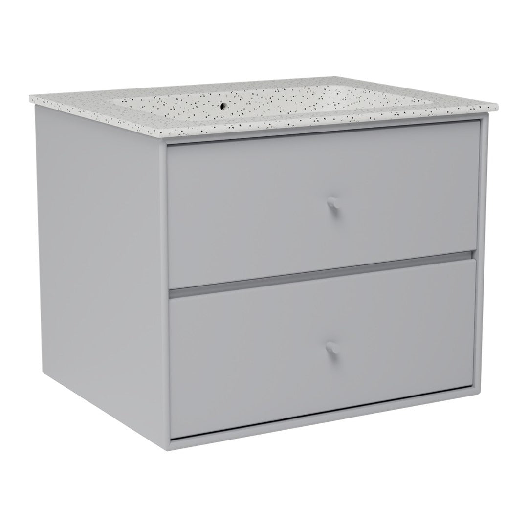 Gray two-drawer cabinet with a speckled white countertop, featuring minimalistic design and smooth surfaces.