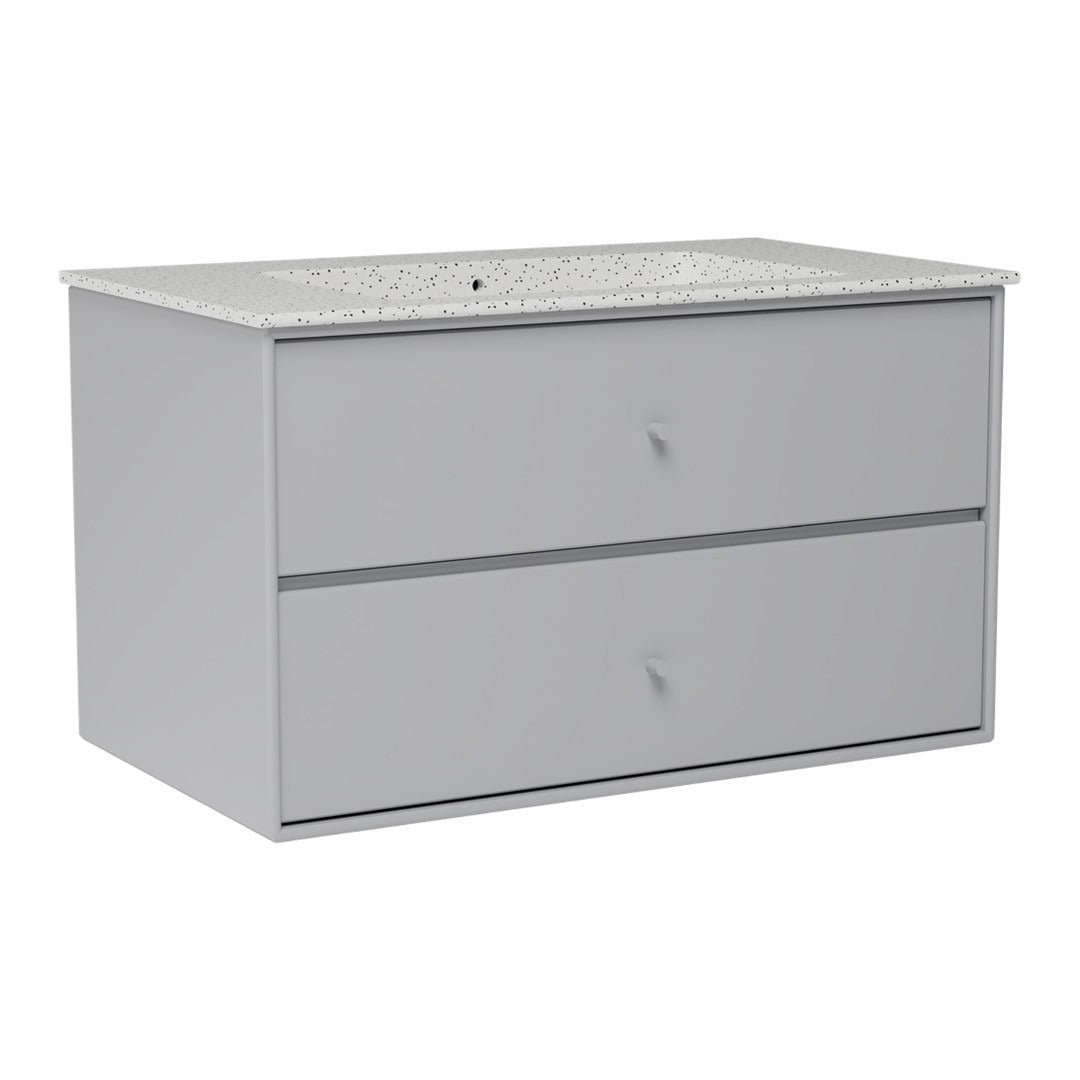 Gray bathroom vanity with a patterned countertop and sleek, minimalist design. Two spacious drawers for storage.