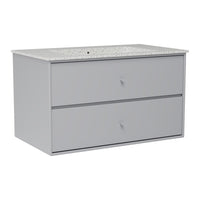 Gray bathroom vanity with a patterned countertop and sleek, minimalist design. Two spacious drawers for storage.