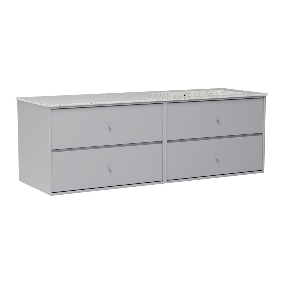 Light gray dresser with a sleek, minimalist design and four spacious drawers, featuring a smooth finish.
