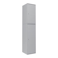 Gray two-door storage cabinet with a sleek, modern design and smooth finish. Perfect for streamlined organization.