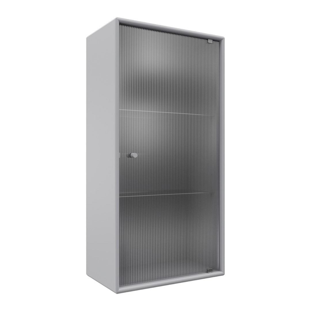 Grey metal display cabinet with vertical ribbed pattern and smooth finish, showcasing a sleek and modern design.