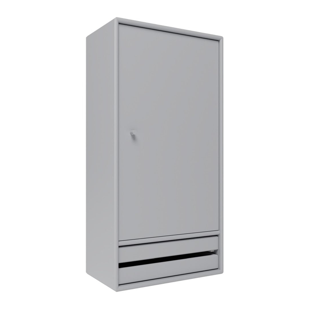 Gray cabinet with a smooth finish and sleek, minimalist design featuring a single door and a drawer at the bottom.