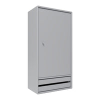 Gray cabinet with a smooth finish and sleek, minimalist design featuring a single door and a drawer at the bottom.