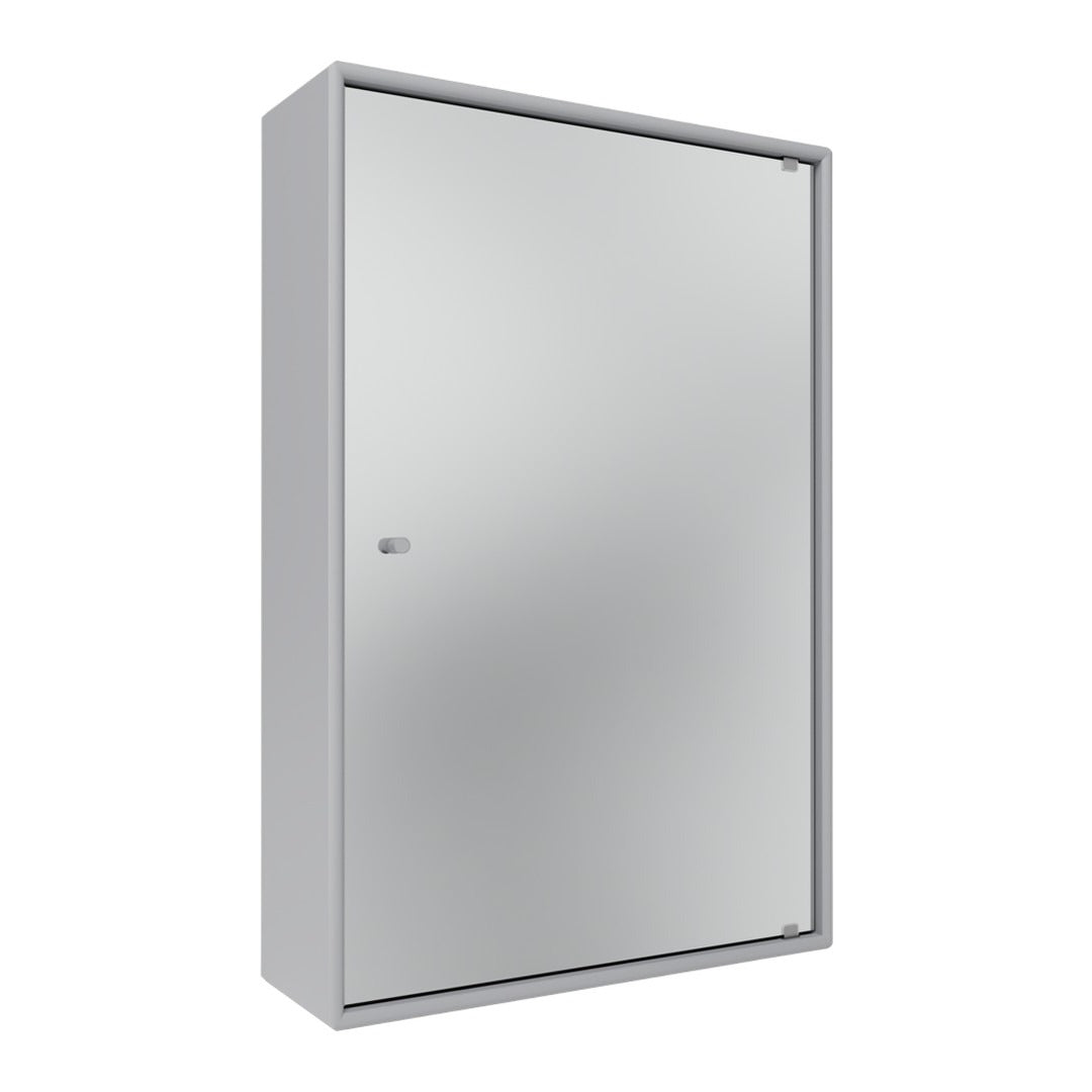 Sleek silver cabinet with a smooth, reflective finish and minimalistic design, perfect for modern interiors.