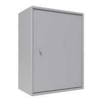 Gray storage cabinet with a smooth finish and simple, modern design. Suitable for minimalist decor.