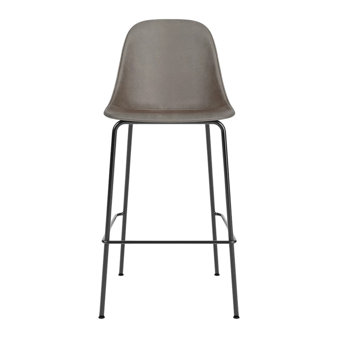 Stylish gray bar stool with a smooth, minimalist design and sleek black metal legs. Perfect for modern decor.