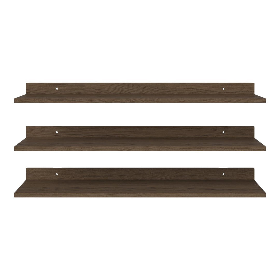 Dark brown wooden floating shelves with a smooth finish, featuring a minimalist, sleek design.