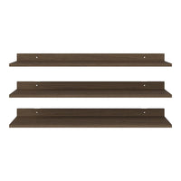 Dark brown wooden floating shelves with a smooth finish, featuring a minimalist, sleek design.