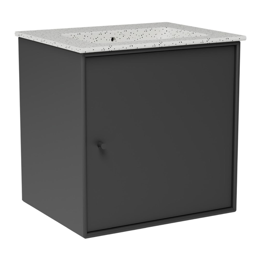 Black cabinet with a speckled gray countertop, featuring a sleek, modern design.